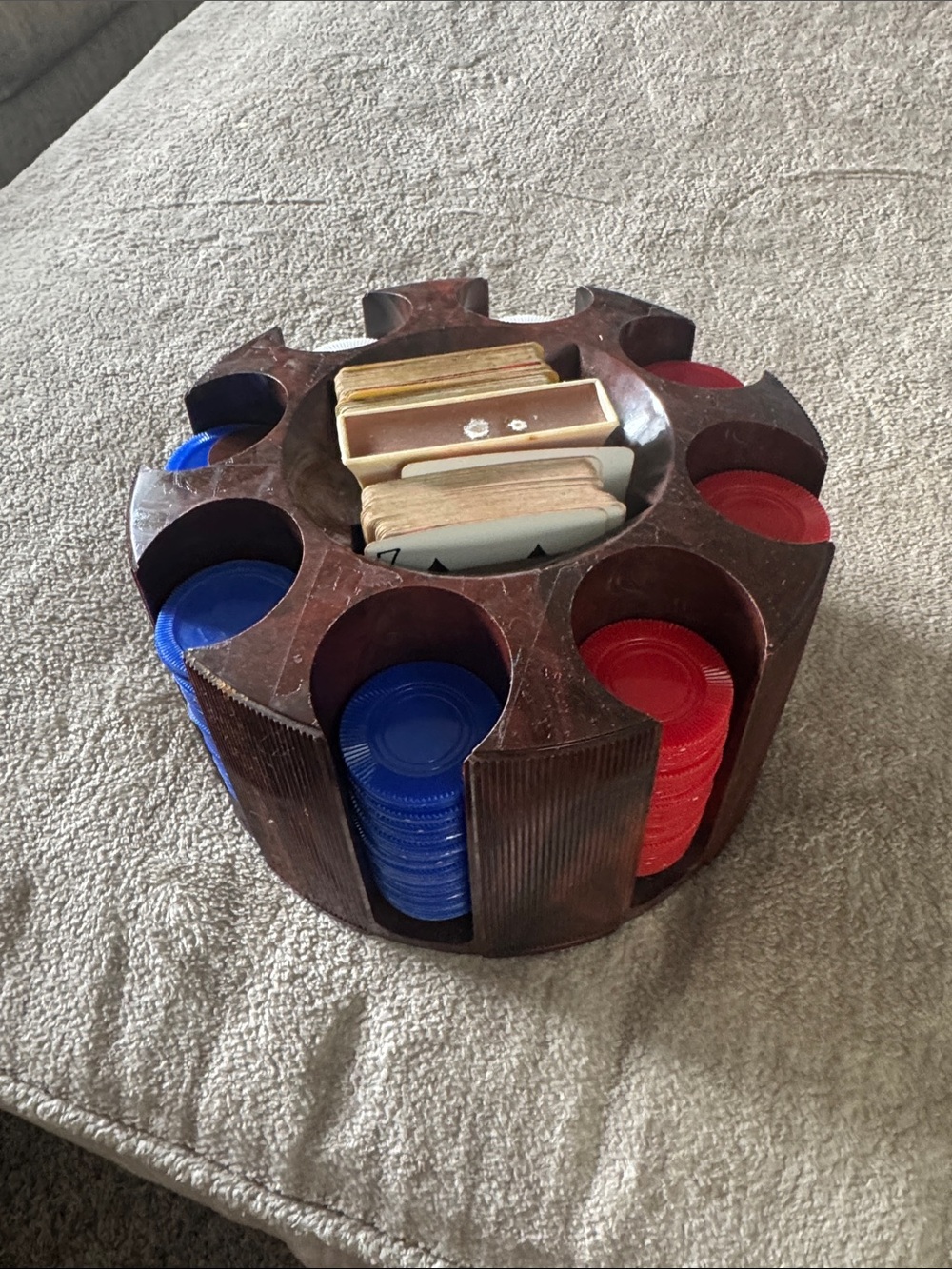 Vintage Wooden Poker Chip and Card Holder Carousel - Brown